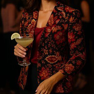 TALBOTS Petites Long Sleeve Black Floral Print Blazer Jacket Women's Size 4